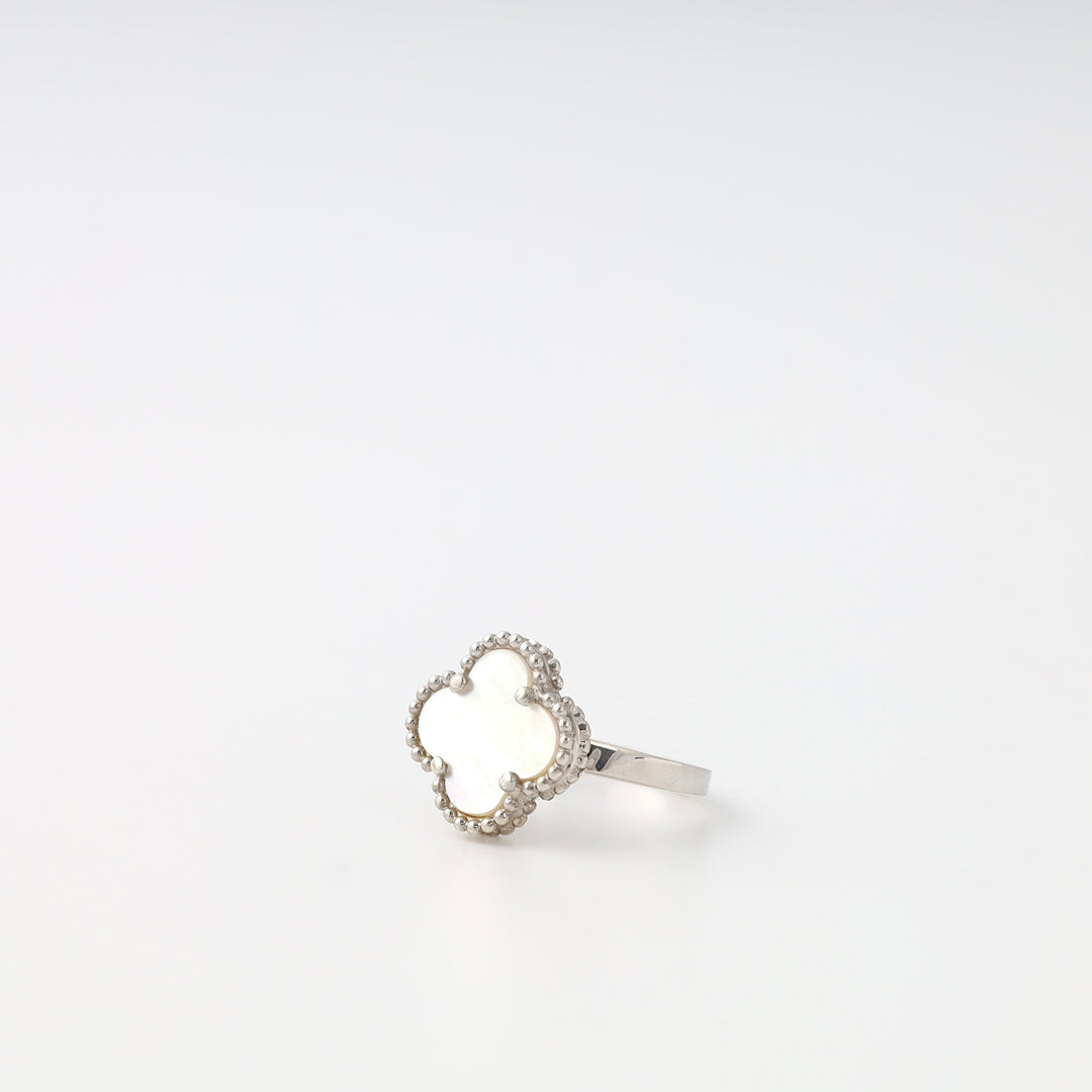 Sterling silver ring with mother of pearl quatrefoil motif on white background, Ukrainian Jewelry, silver clover ring gift.