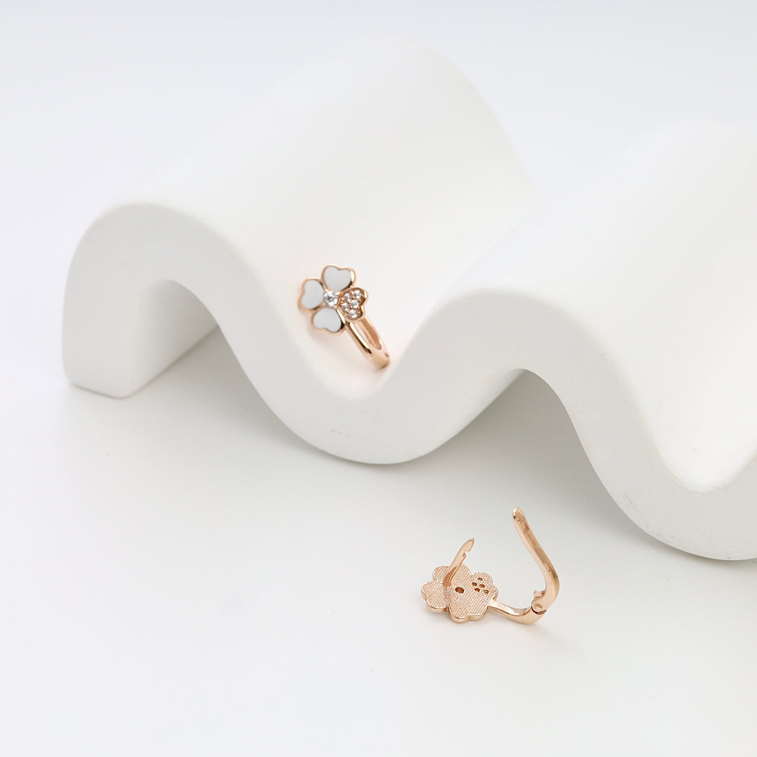 Rose gold flower hoop earrings with white enamel and crystals, Ukrainian Jewelry, delicate gold kids earrings, floral hoop earrings.