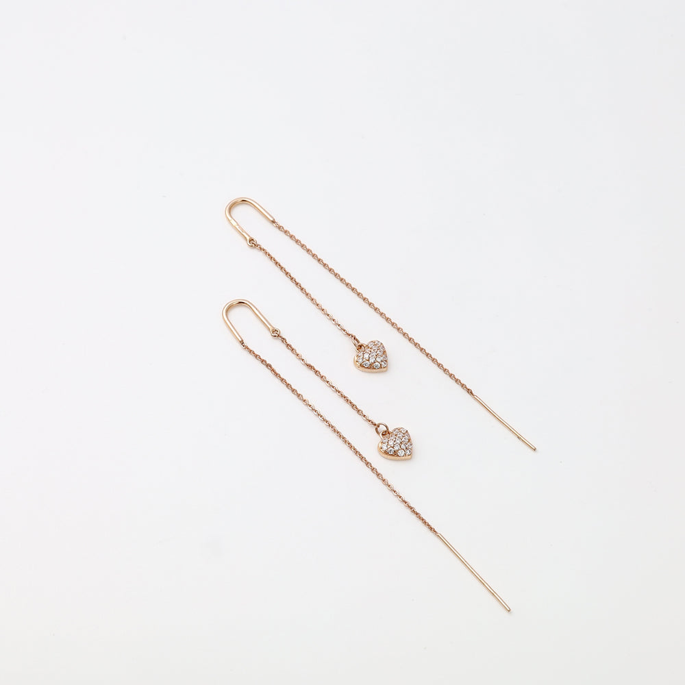 14k gold threader earrings with crystal heart charms on fine chains, Ukrainian Jewelry for women, delicate gold dangle earrings.