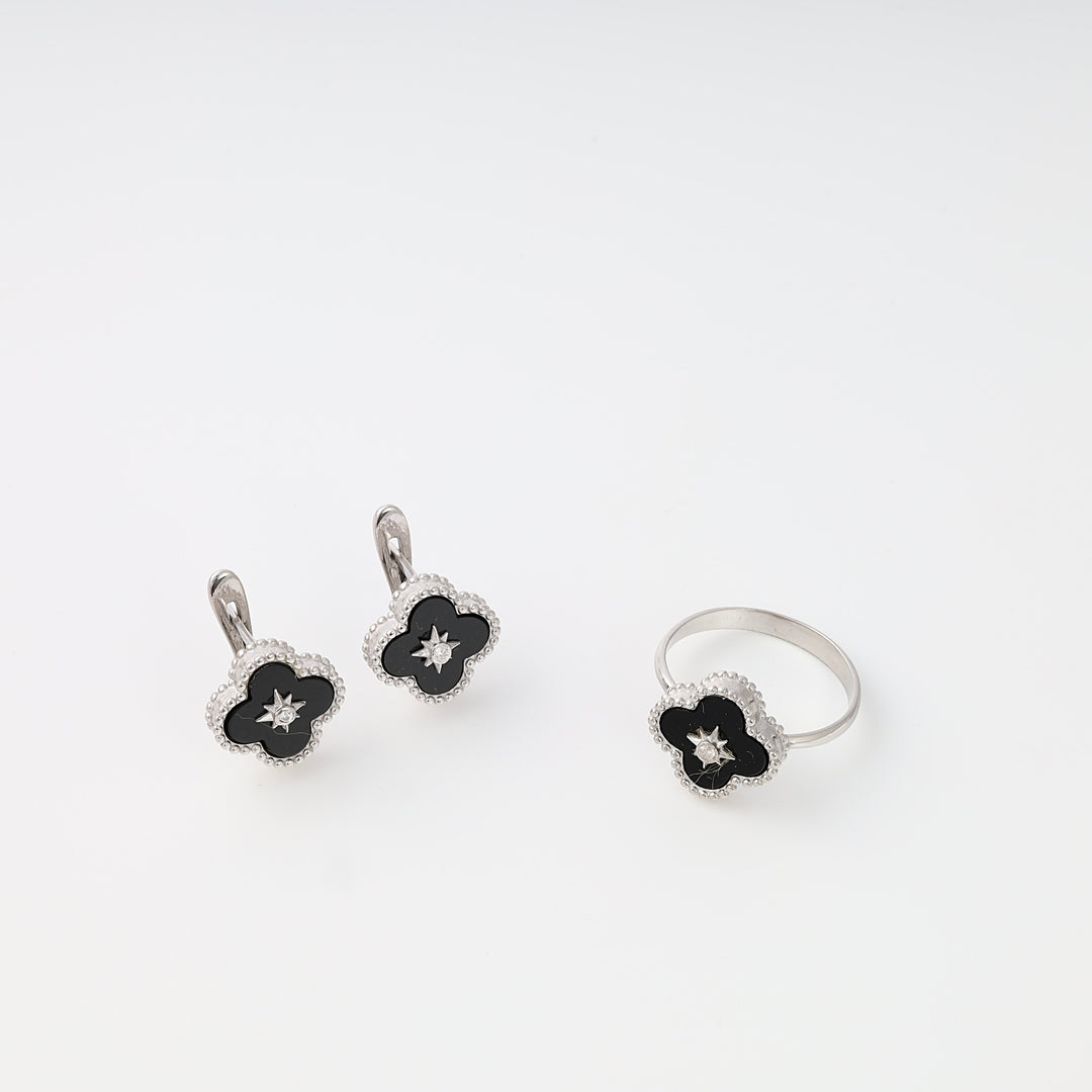 Sterling silver clover earrings and matching black enamel clover ring set with star detail, Ukrainian Jewelry, silver jewelry gift.