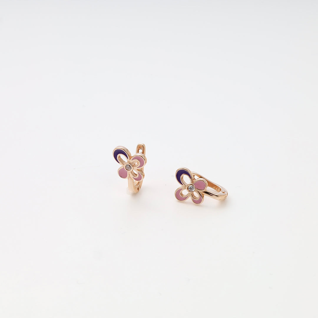 Rose gold flower stud earrings with pink enamel and crystal center, kids gold earrings, Ukrainian Jewelry gift for girls.