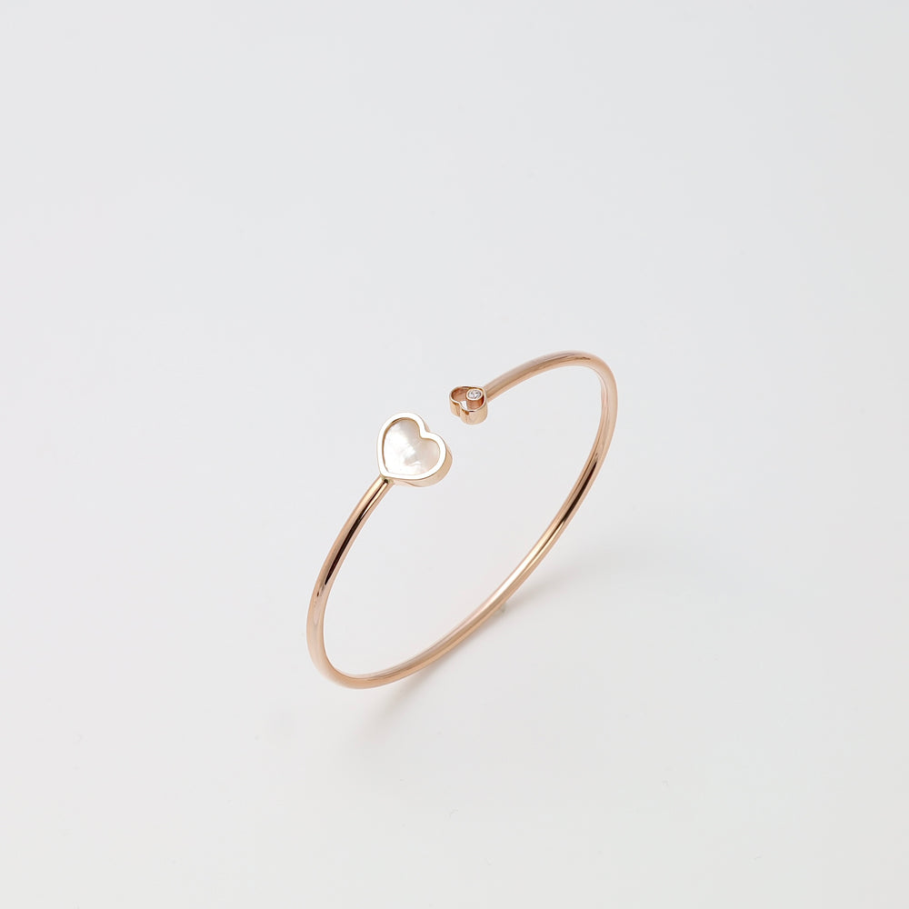 Rose gold bracelet with open band, white heart charm and tiny stone accent, Ukrainian Jewelry, minimalist gold bangle gift.