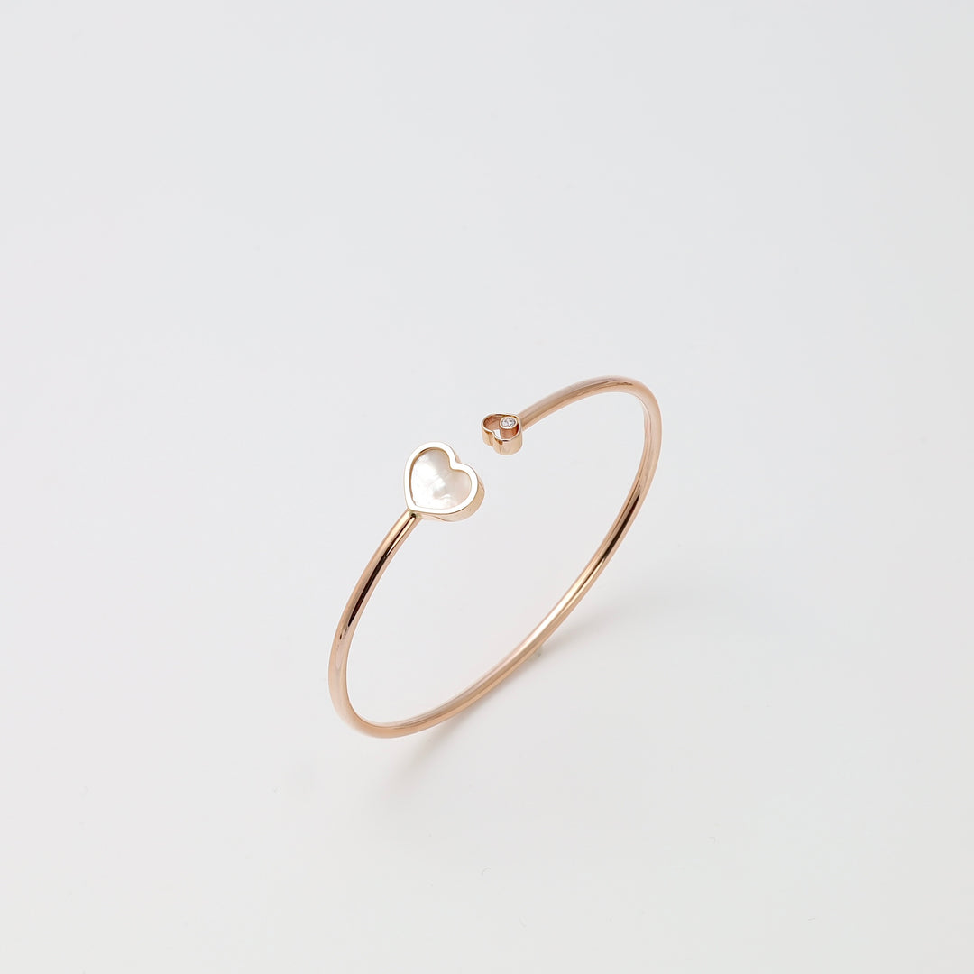 Rose gold bracelet with open band, white heart charm and tiny stone accent, Ukrainian Jewelry, minimalist gold bangle gift.