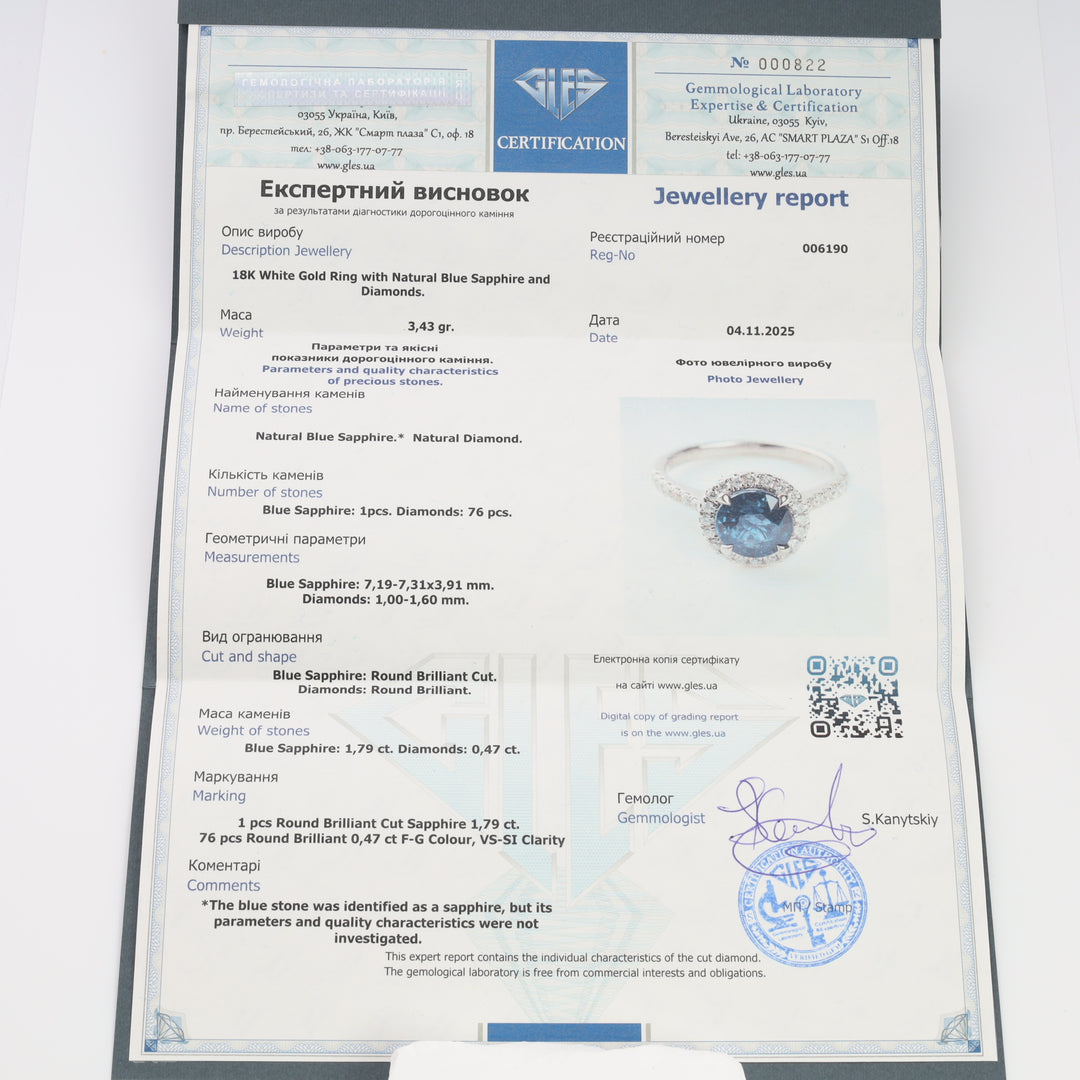 Natural Blue Sapphire 1.79 Ct. and 76 Diamond 0.47 Ct. Halo Ring | 18K White Gold