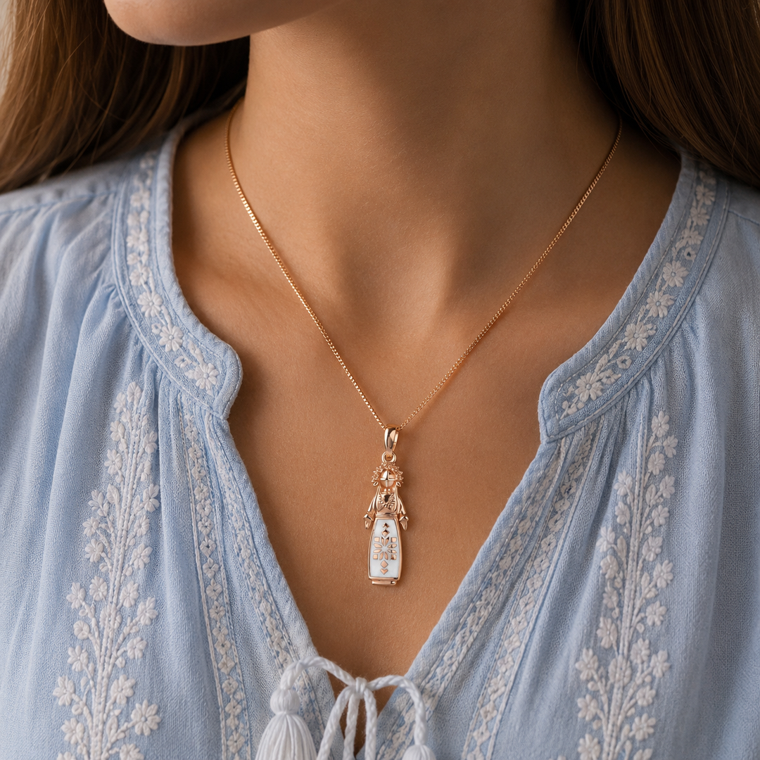 Rose Gold 14K (585) White Enamel Ukrainian Motanka Doll Pendant | Ukrainian Jewelry