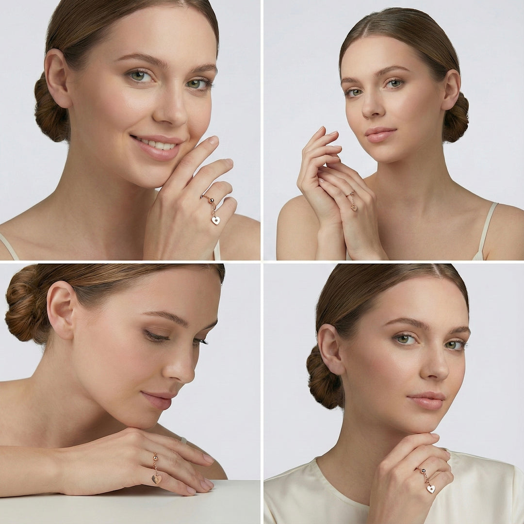 Collage of a woman wearing different rings on a plain background