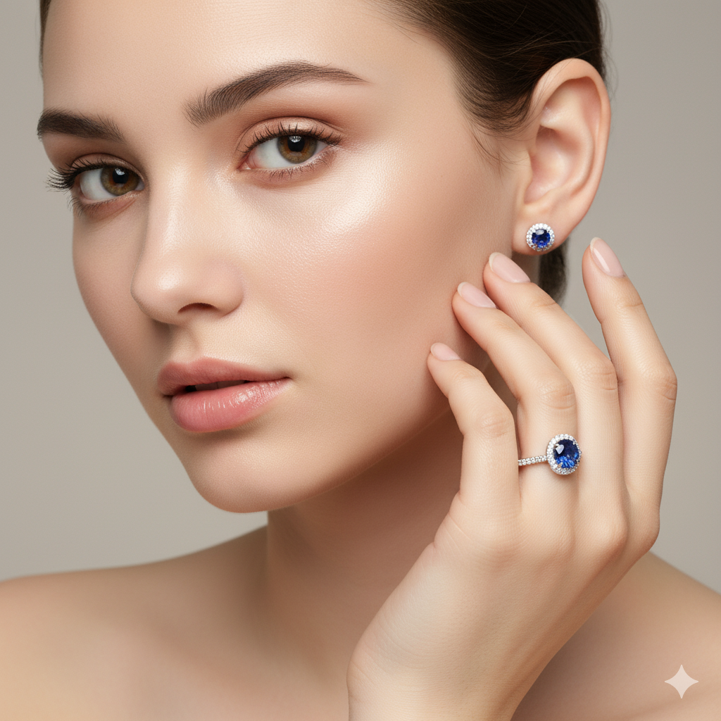Woman wearing a blue gemstone earring and ring on a neutral background