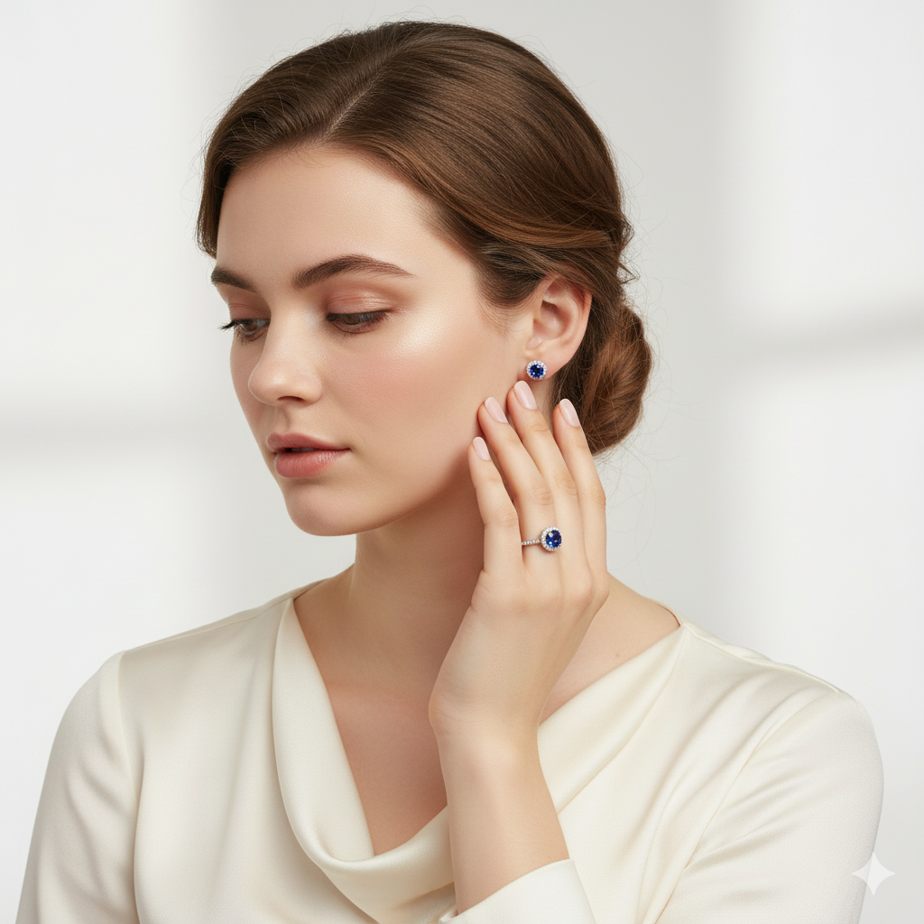 Woman wearing a ring and earrings on a plain background