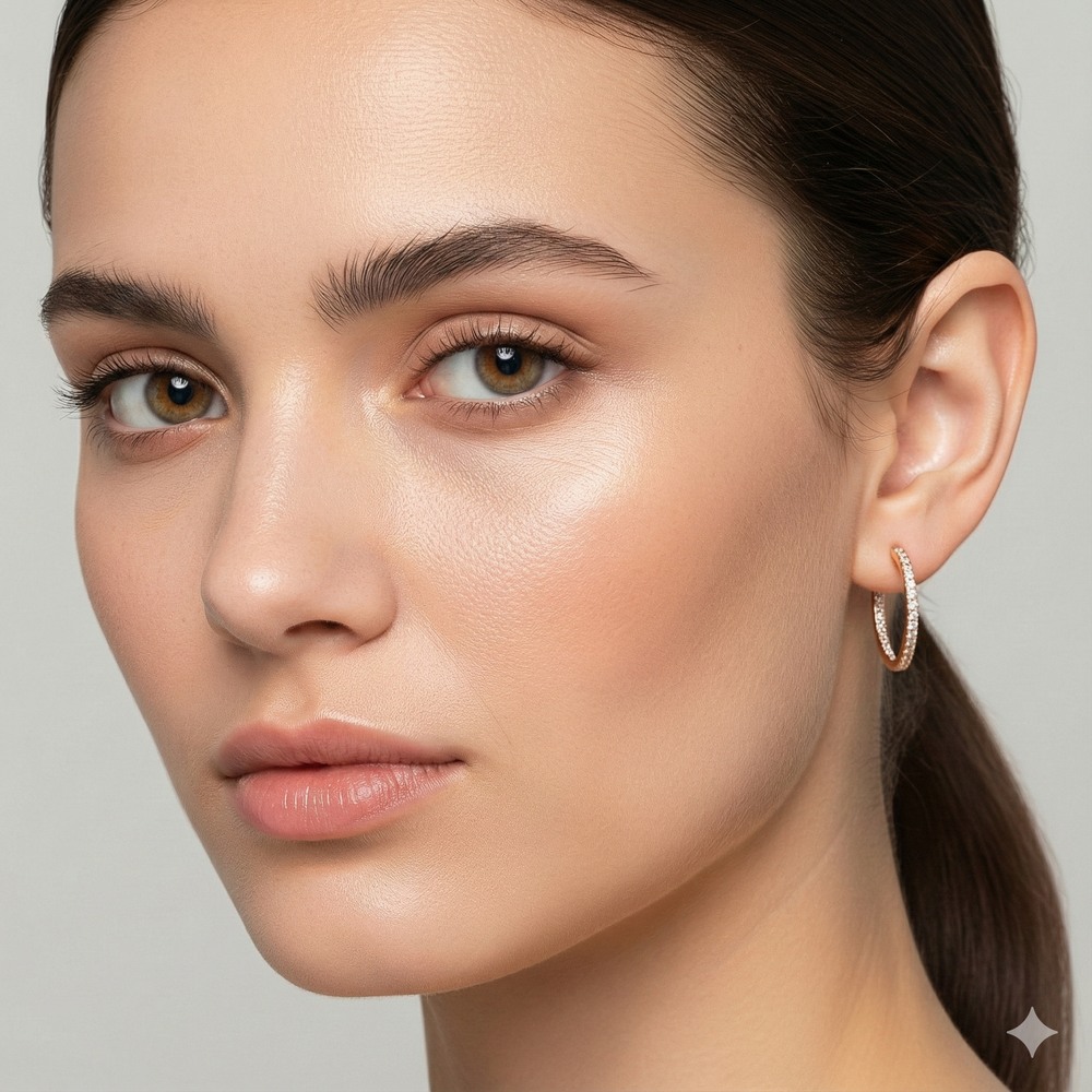 Hoop earrings rose gold 585. Ukrainian Jewelry. Close-up of a woman's face with a neutral background