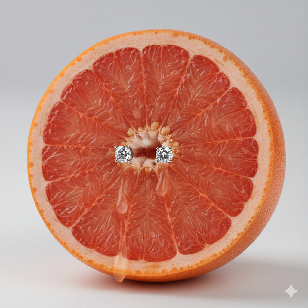 Half of a grapefruit with two diamonds embedded in it on a gray background