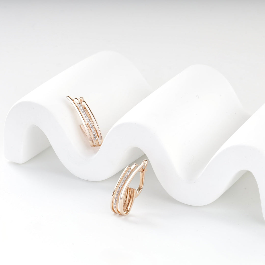 Rose Gold 14K (585) Cubic Zirconia Triple-Band Hoop Earrings | Ukrainian Jewelry