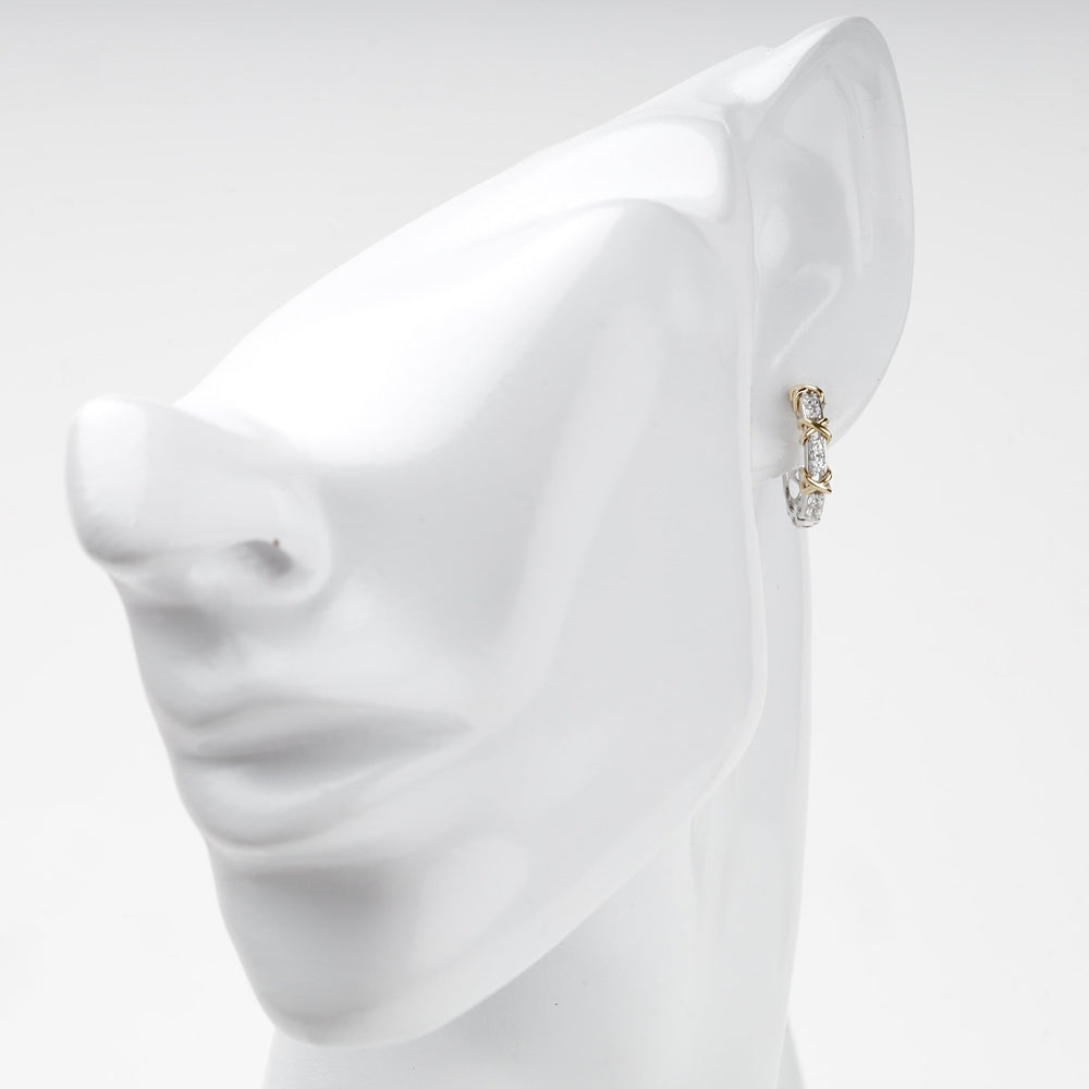 Two-Tone Gold 14K (585) Cubic Zirconia X Huggie Earrings | Ukrainian Jewelry