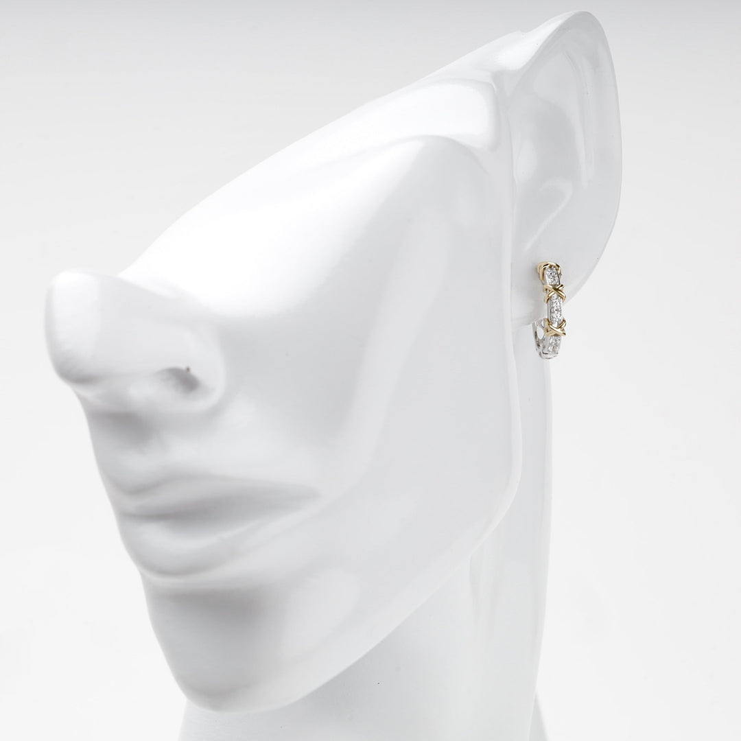 Two-Tone Gold 14K (585) Cubic Zirconia X Huggie Earrings | Ukrainian Jewelry