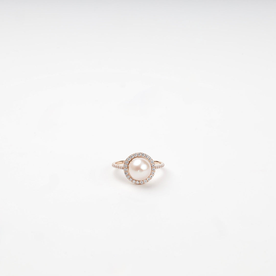 Rose Gold 14K (585) Cultured Pearl and Cubic Zirconia Halo Ring | Ukrainian Jewelry