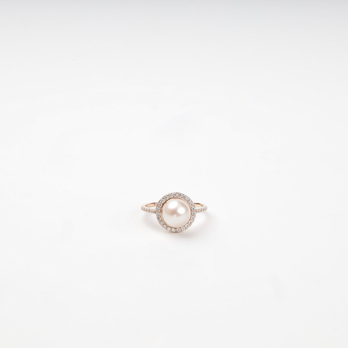 Rose Gold 14K (585) Cultured Pearl and Cubic Zirconia Halo Ring | Ukrainian Jewelry