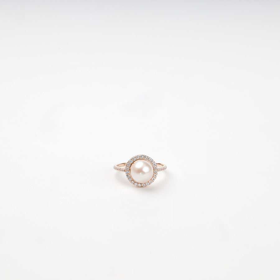 Rose Gold 14K (585) Cultured Pearl and Cubic Zirconia Halo Ring | Ukrainian Jewelry