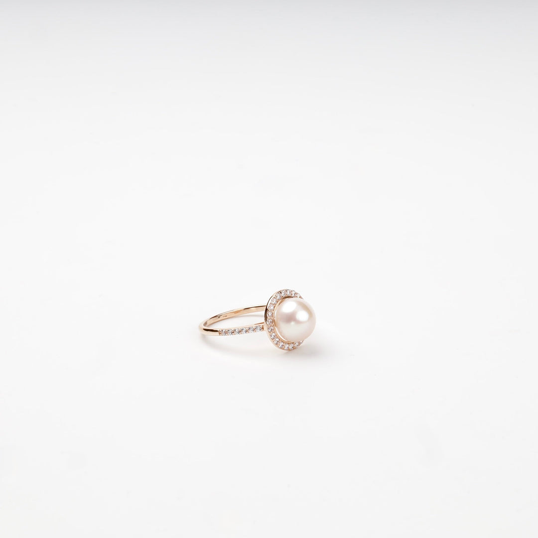 Rose Gold 14K (585) Cultured Pearl and Cubic Zirconia Halo Ring | Ukrainian Jewelry