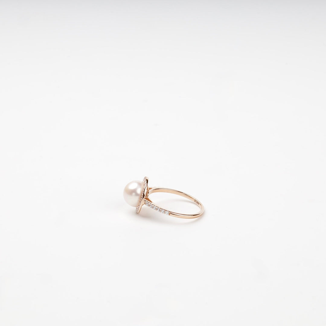 Rose Gold 14K (585) Cultured Pearl and Cubic Zirconia Halo Ring | Ukrainian Jewelry