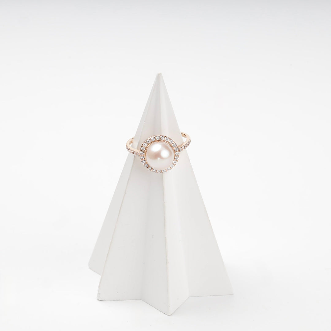 Rose Gold 14K (585) Cultured Pearl and Cubic Zirconia Halo Ring | Ukrainian Jewelry