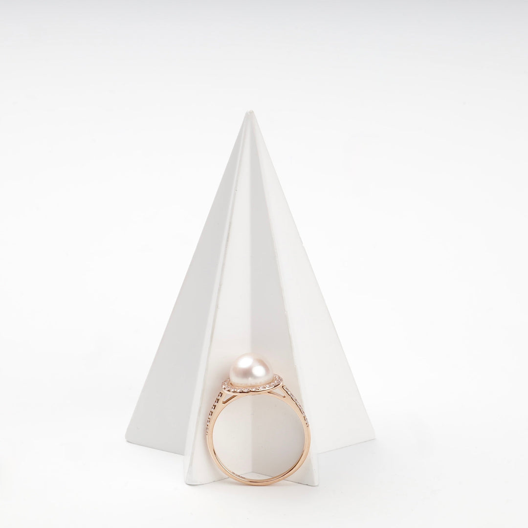 Rose Gold 14K (585) Cultured Pearl and Cubic Zirconia Halo Ring | Ukrainian Jewelry