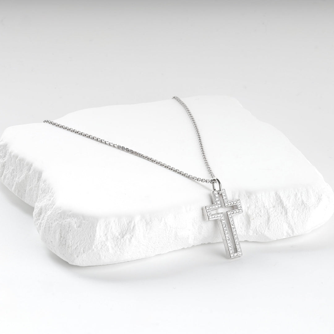 Rhodium-Plated Silver 925 Cubic Zirconia Open Cross Pendant | Ukrainian Jewelry