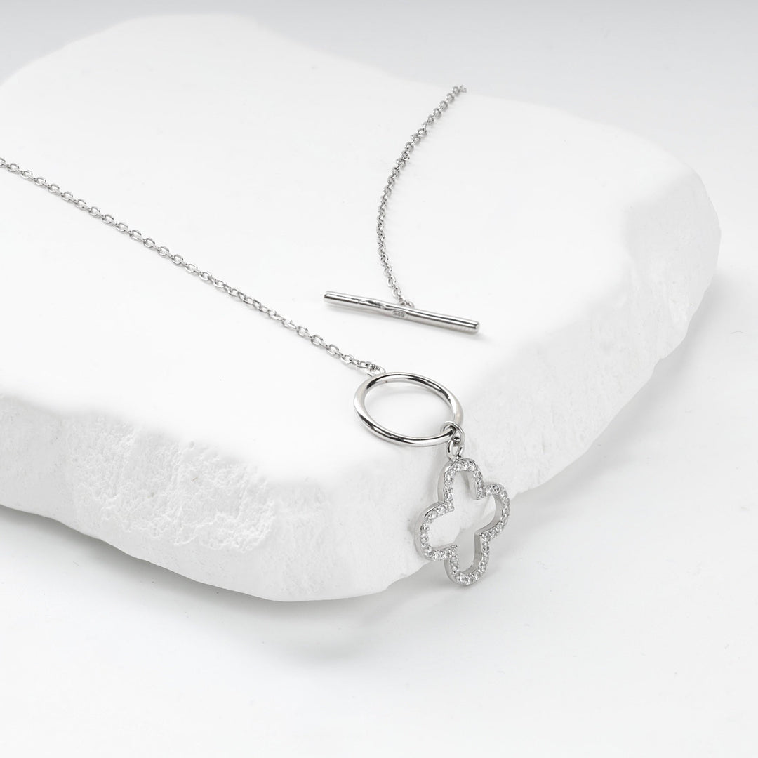 Rhodium-Plated Silver 925 Cubic Zirconia Clover Toggle Necklace | Ukrainian Jewelry