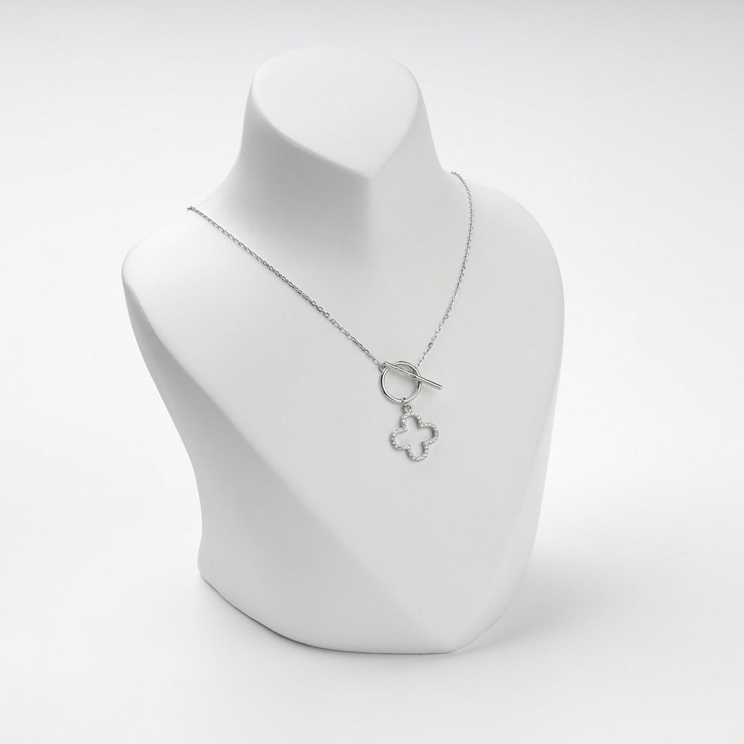 Rhodium-Plated Silver 925 Cubic Zirconia Clover Toggle Necklace | Ukrainian Jewelry