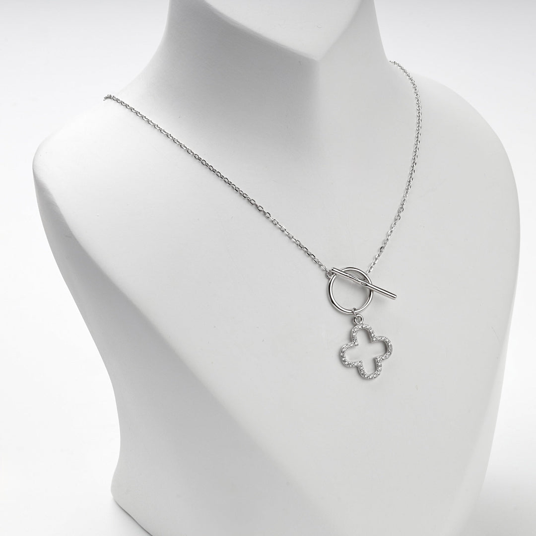 Rhodium-Plated Silver 925 Cubic Zirconia Clover Toggle Necklace | Ukrainian Jewelry