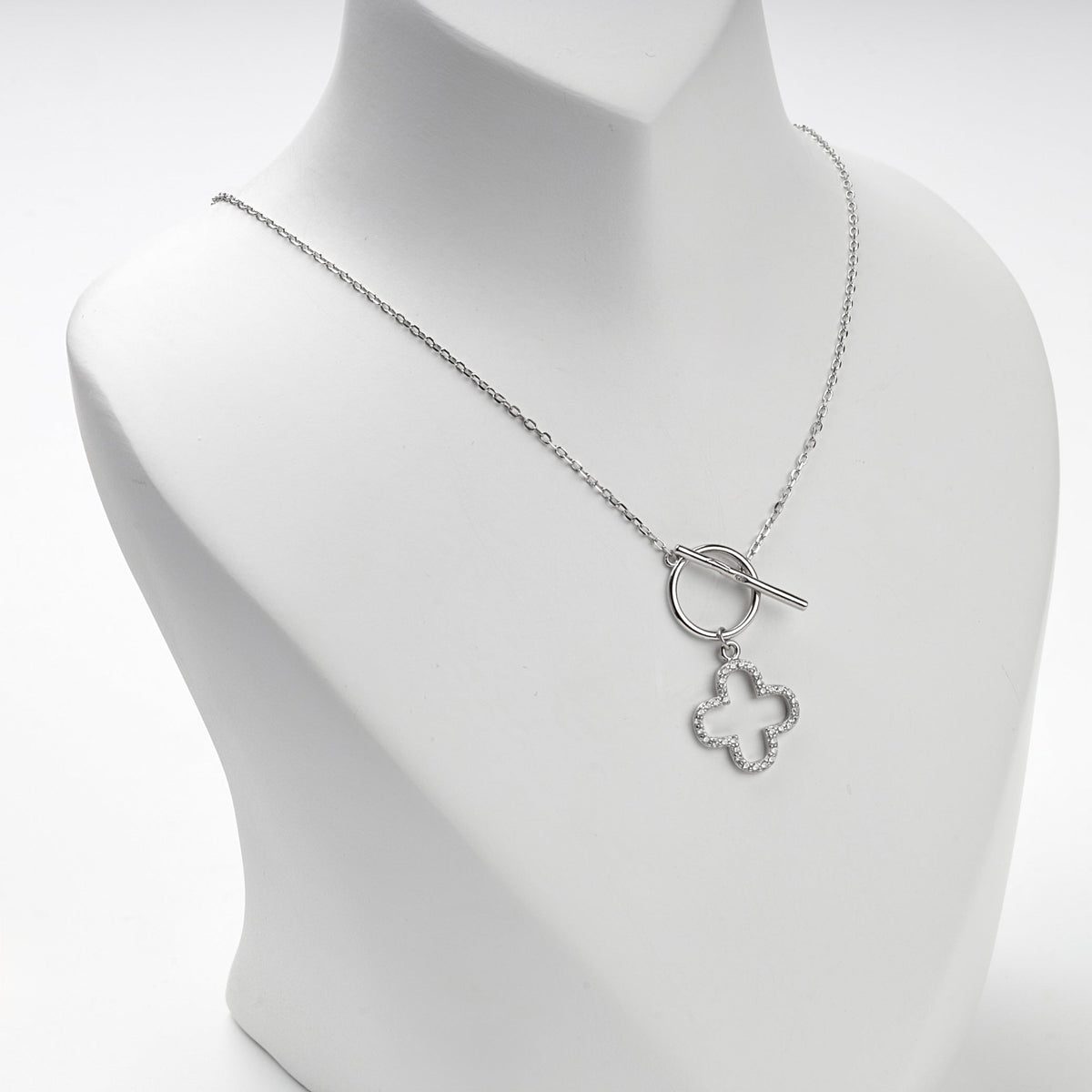 Rhodium-Plated Silver 925 Cubic Zirconia Clover Toggle Necklace | Ukrainian Jewelry