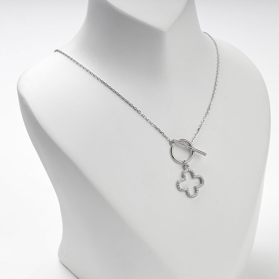 Rhodium-Plated Silver 925 Cubic Zirconia Clover Toggle Necklace | Ukrainian Jewelry