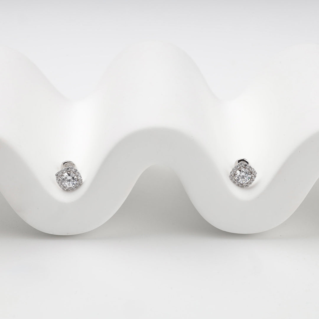White Gold 14K (585) Cubic Zirconia Halo Stud Earrings | Ukrainian Jewelry