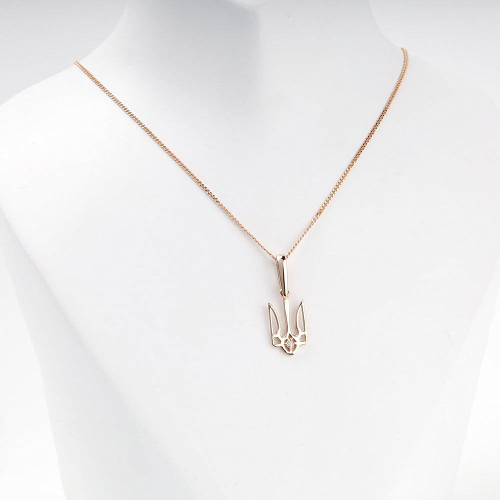 Rose Gold 585 Ukrainian Trident Pendant with Cubic Zirconia | Ukrainian Jewelry