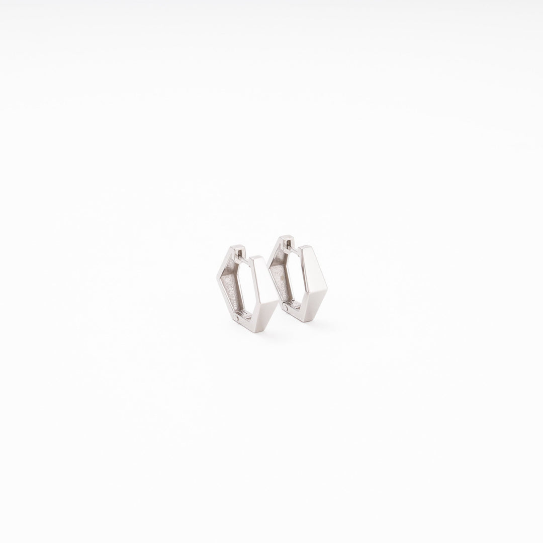 White Gold Hexagon Huggie Earrings, No Stones, 14K (585) | Ukrainian Jewelry