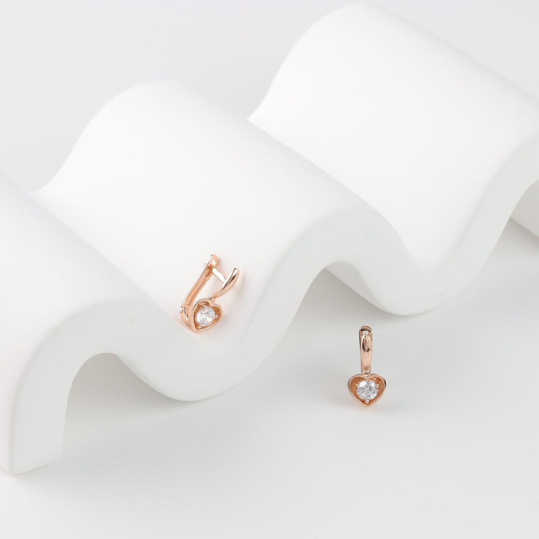 Children's Rose Gold 585 Heart Earrings with Cubic Zirconia | Ukrainian Jewelry