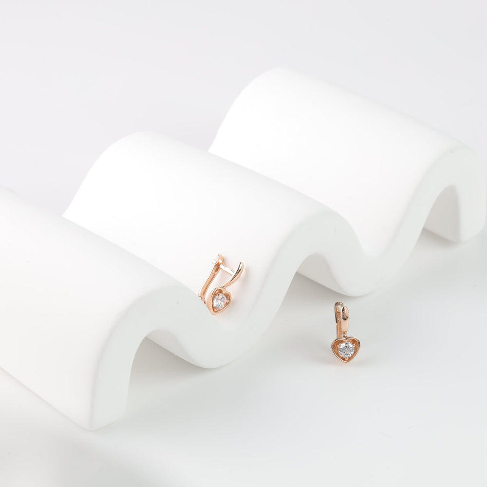Children's Rose Gold 585 Heart Earrings with Cubic Zirconia | Ukrainian Jewelry