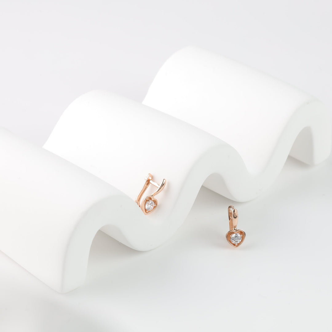 Children's Rose Gold 585 Heart Earrings with Cubic Zirconia | Ukrainian Jewelry