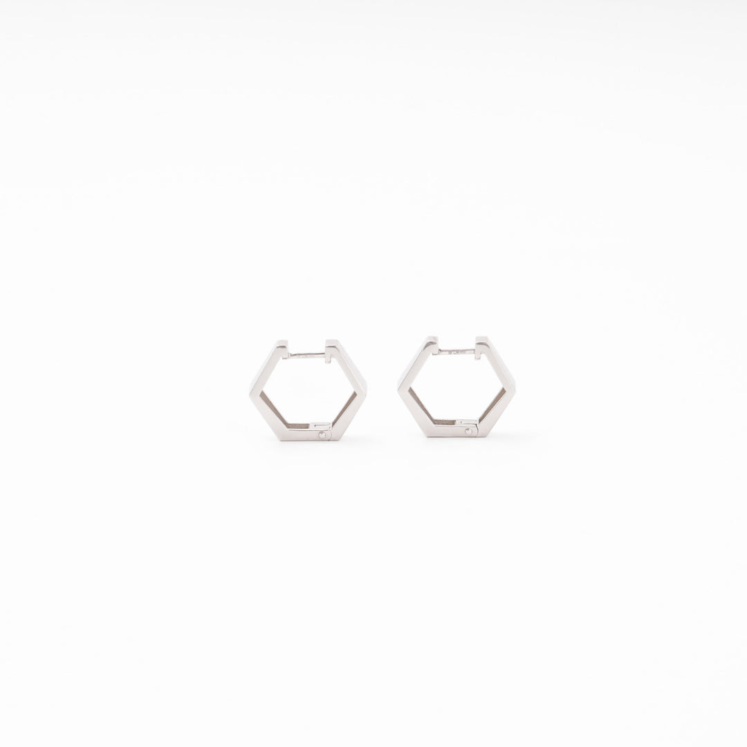 White Gold Hexagon Huggie Earrings, No Stones, 14K (585) | Ukrainian Jewelry