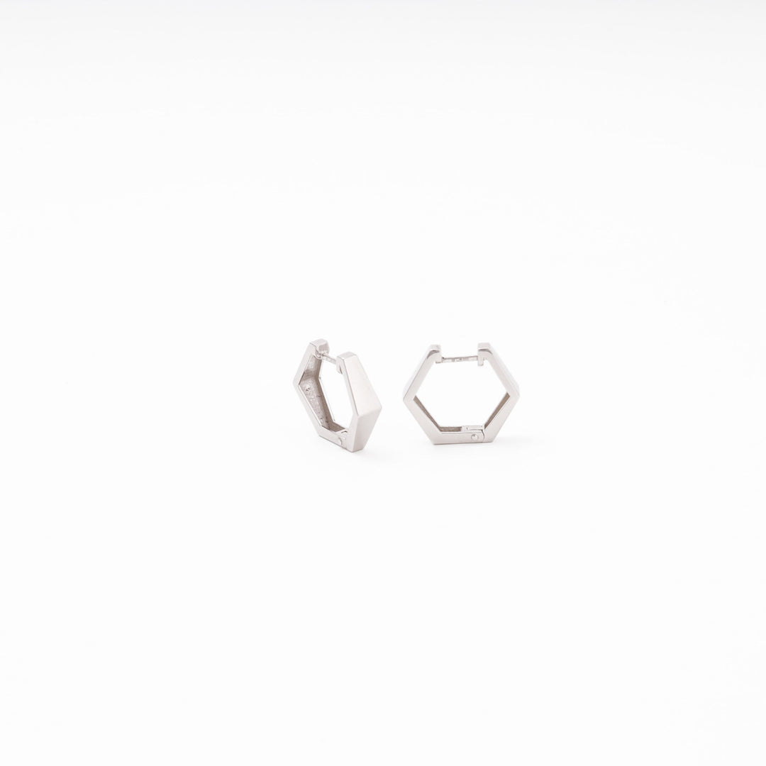 White Gold Hexagon Huggie Earrings, No Stones, 14K (585) | Ukrainian Jewelry