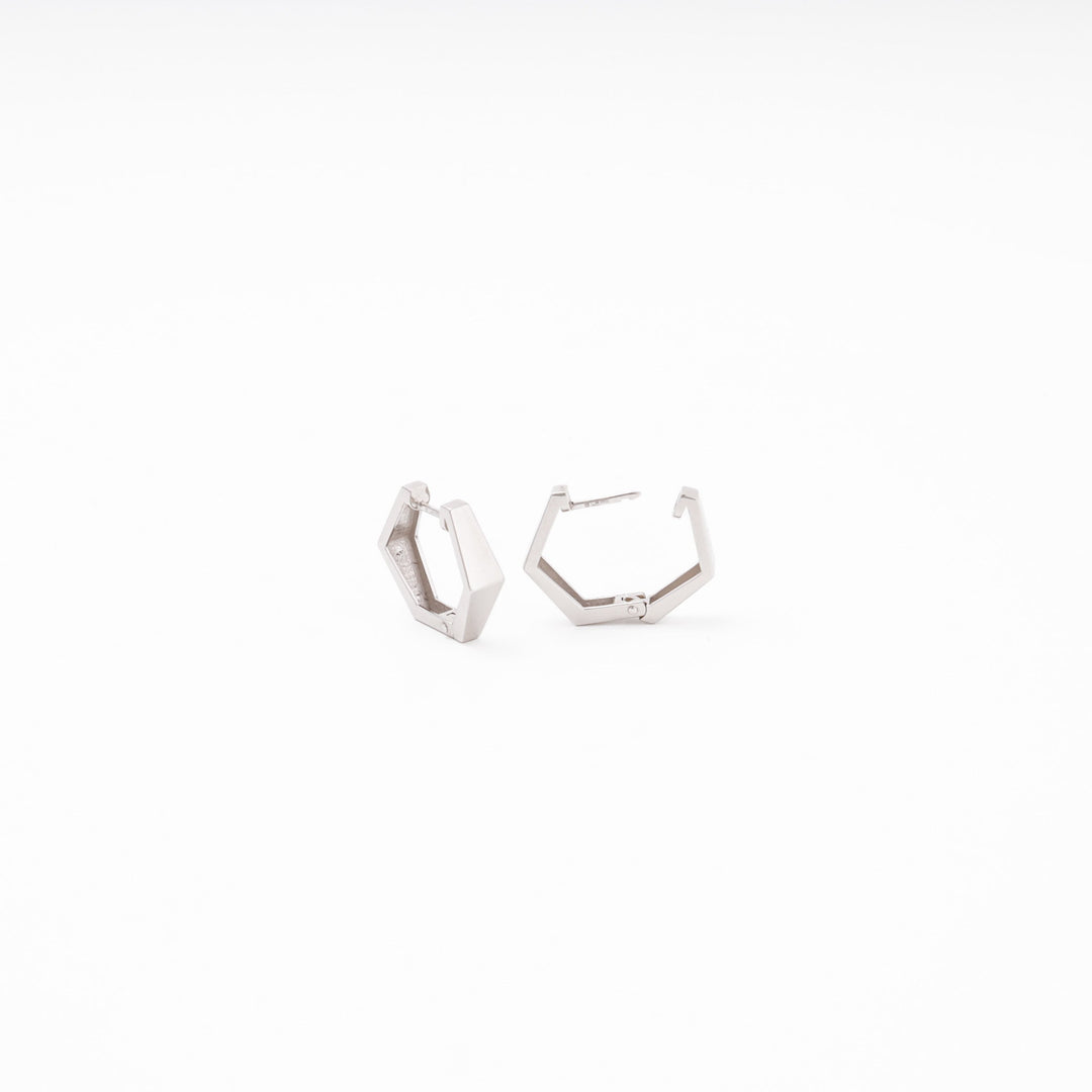 White Gold Hexagon Huggie Earrings, No Stones, 14K (585) | Ukrainian Jewelry