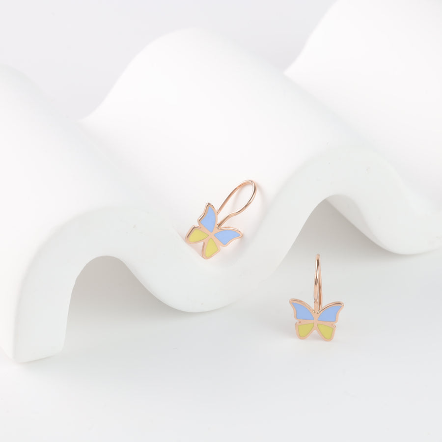 Gold Butterfly Stud Earrings with Yellow-Blue Enamel | Gold 585 (14K) - Ukrainian Jewelry