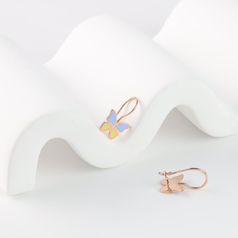 Gold Butterfly Stud Earrings with Yellow-Blue Enamel | Gold 585 (14K) - Ukrainian Jewelry