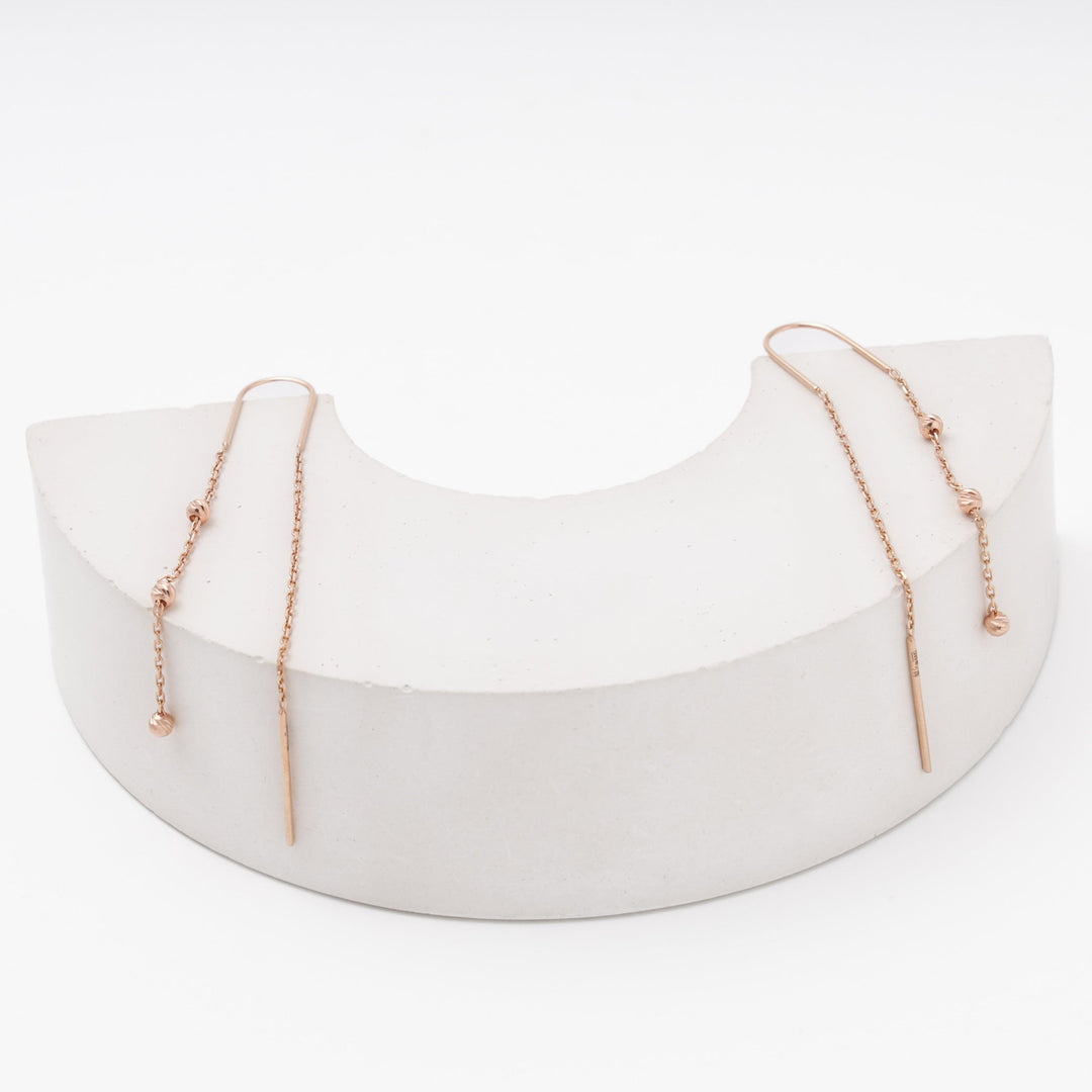 Rose Gold Thread-Through Drop Earrings with Ball Chain, 14K (585) | Ukrainian Jewelry