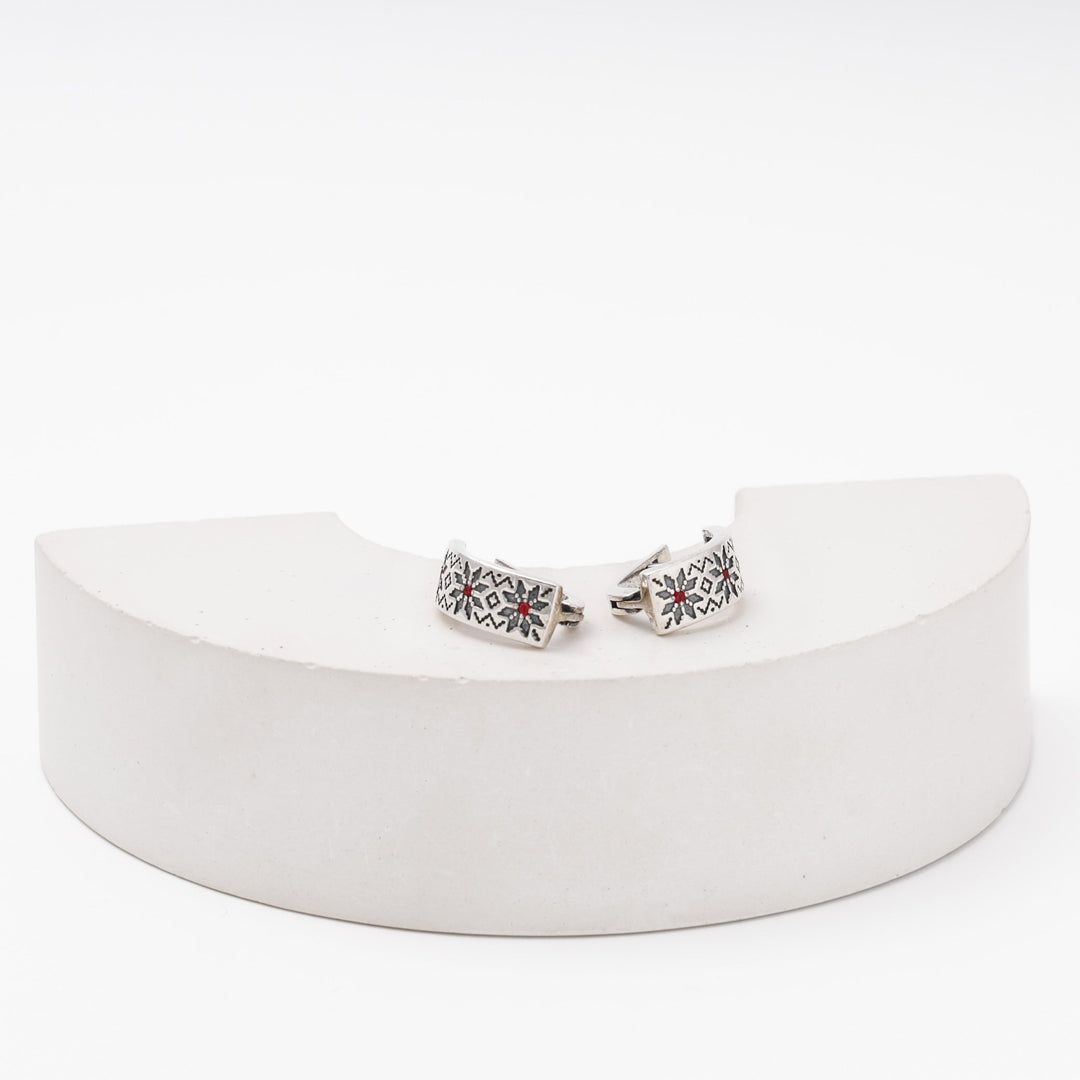 Silver 925 Vyshyvanka Earrings with Red CZ | Ukrainian Jewelry