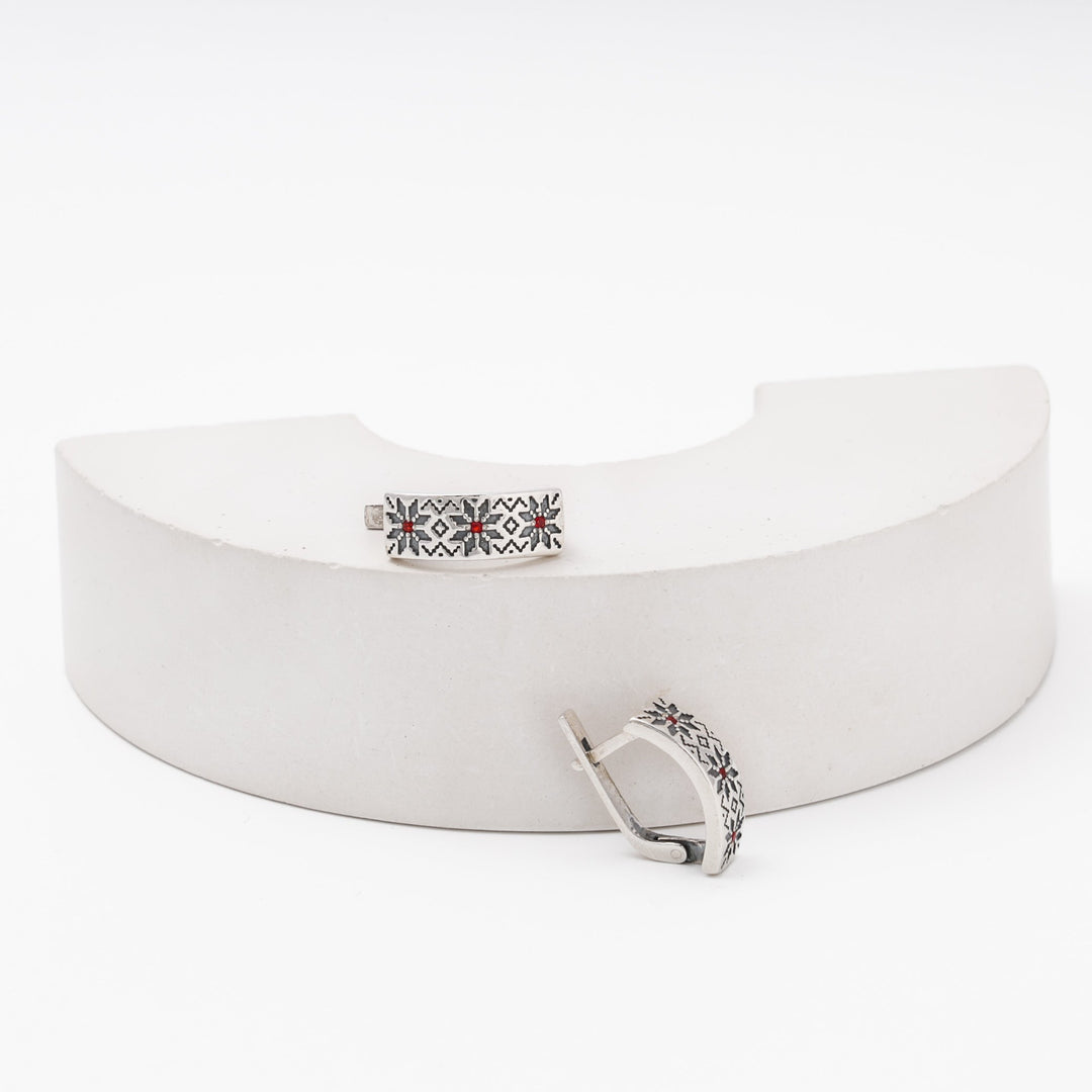 Silver 925 Vyshyvanka Earrings with Red CZ | Ukrainian Jewelry