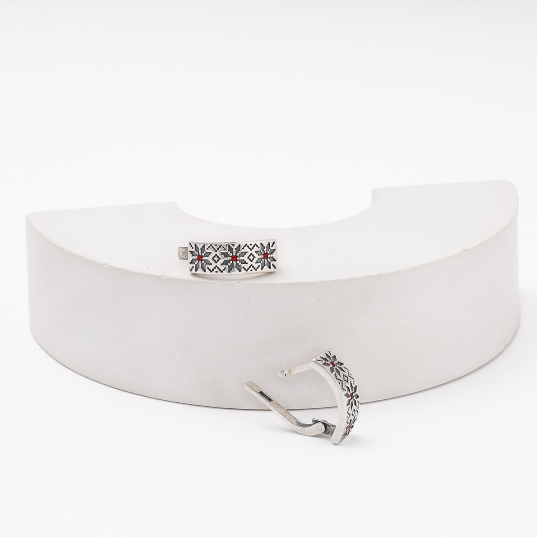 Silver 925 Vyshyvanka Earrings with Red CZ | Ukrainian Jewelry