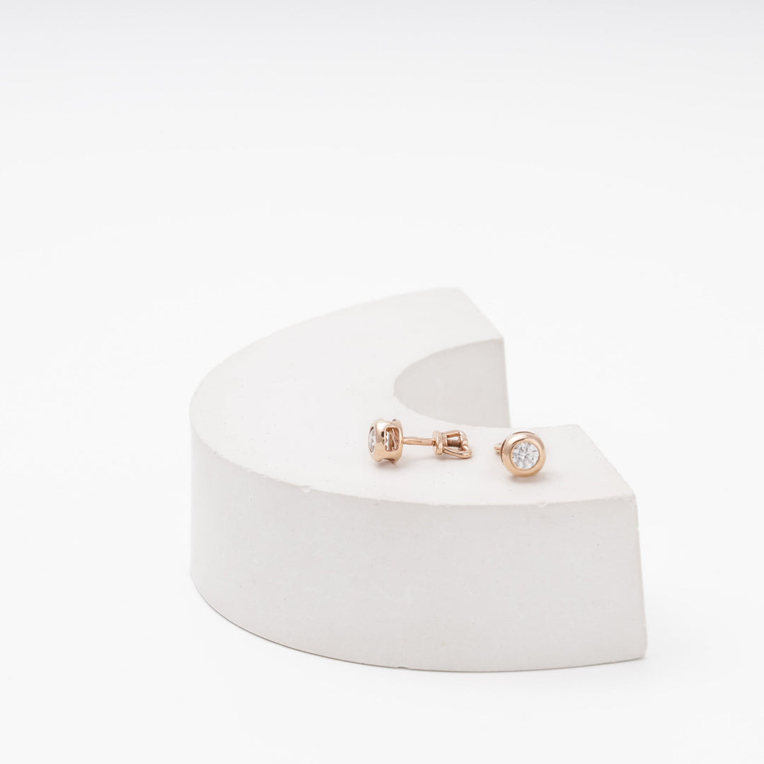 Rose Gold 585 Round Bezel CZ Stud Earrings with Screw Back | Ukrainian Jewelry
