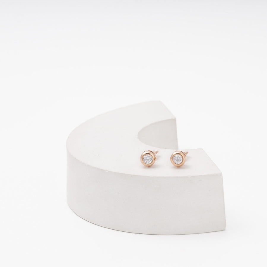 Rose Gold 585 Round Bezel CZ Stud Earrings with Screw Back | Ukrainian Jewelry