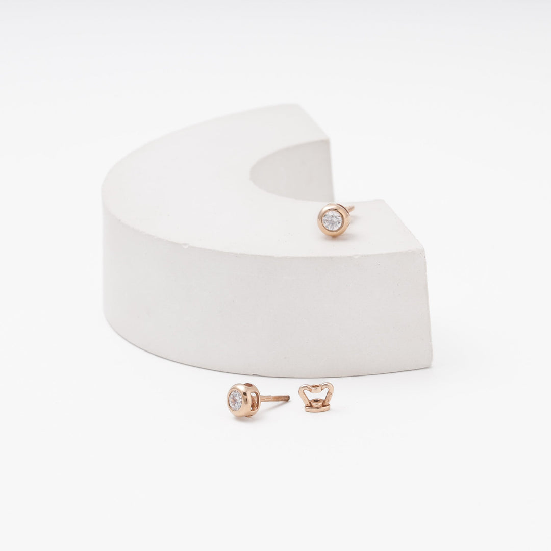 Rose Gold 585 Round Bezel CZ Stud Earrings with Screw Back | Ukrainian Jewelry