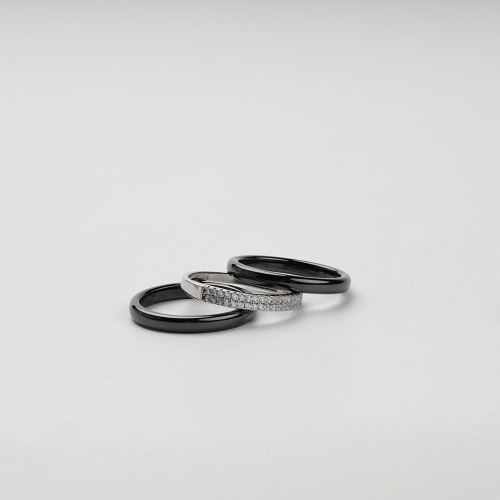 Silver 925 Black Ceramic Three-Ring Set with CZ | Ukrainian Jewelry