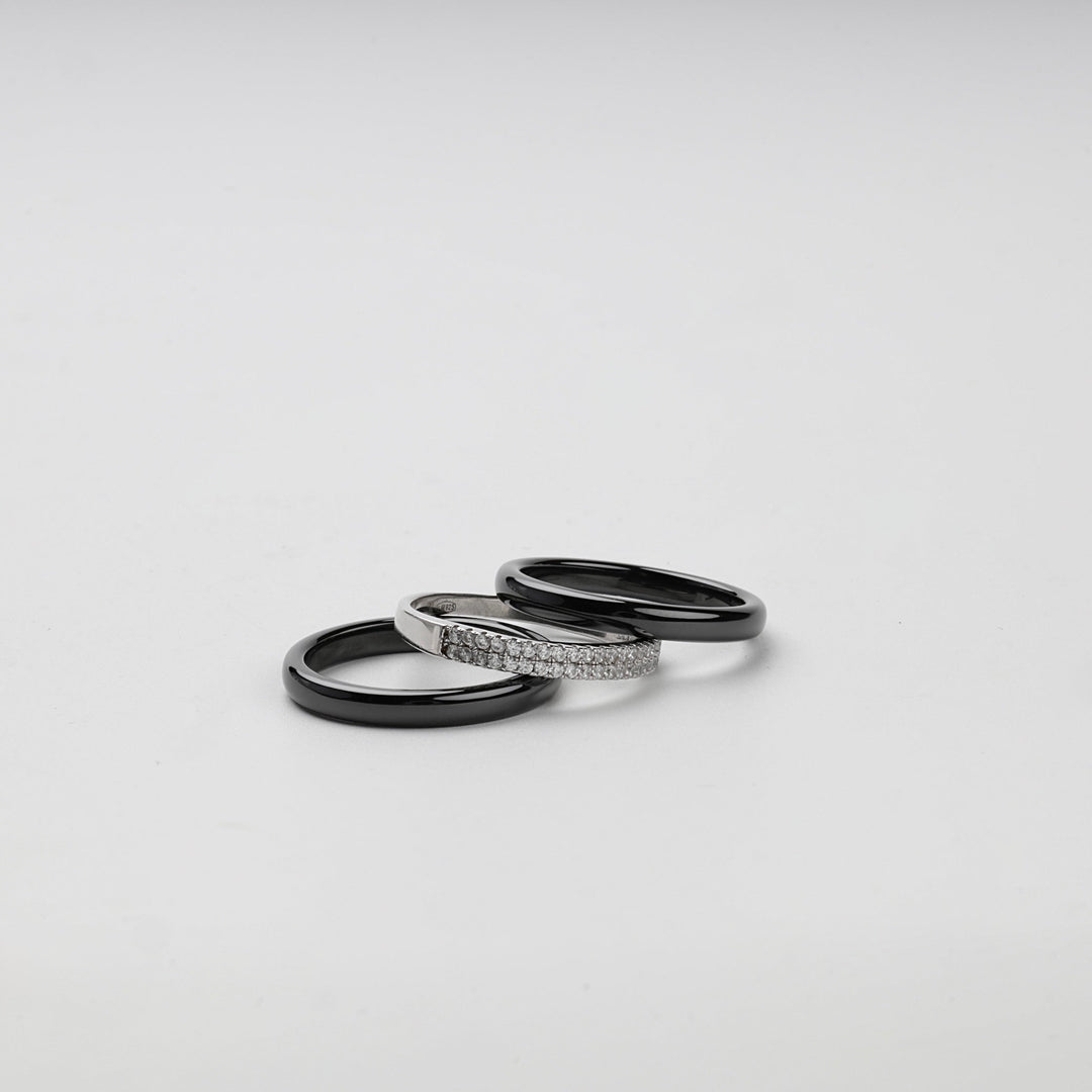 Silver 925 Black Ceramic Three-Ring Set with CZ | Ukrainian Jewelry
